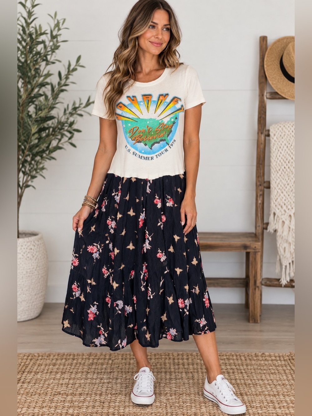 Chaser Upcycled Vintage Journey Graphic Tee Midi Dress, Size Large
